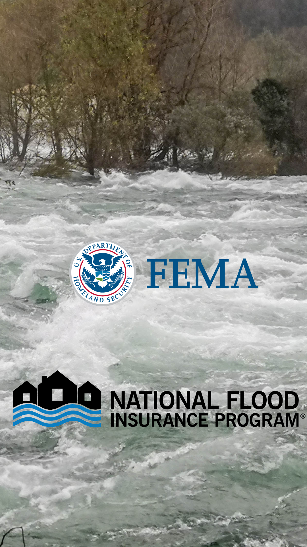 Image of flooding water is overlaid with FEMA logo and national flood insurance program logo.