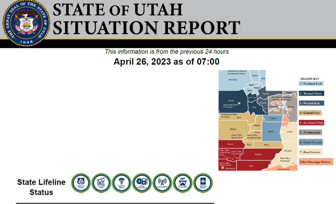 Screen cap of PDF for daily situation report has the map of Utah broken out by emergency management regions.